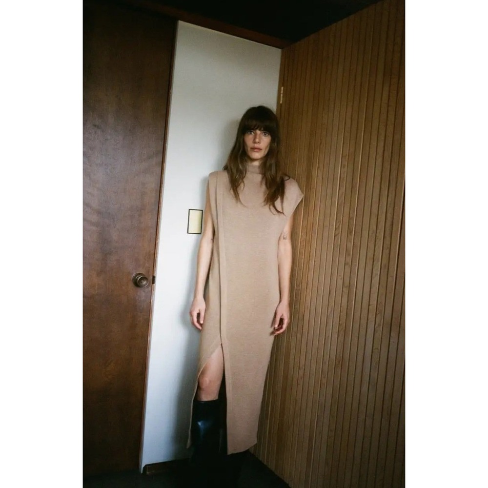 Zara Knit Midi Dress Mock Neck High Slit Minimalist Chic Neutral Tan Brown S
